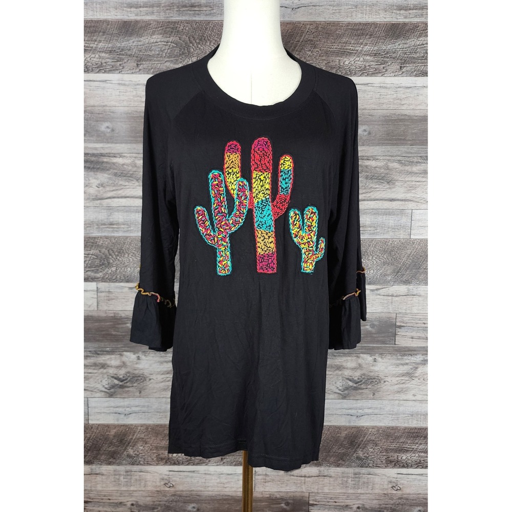 Avani Del Amour Black Cactus Embroidered Tunic Top Bell Sleeve Small